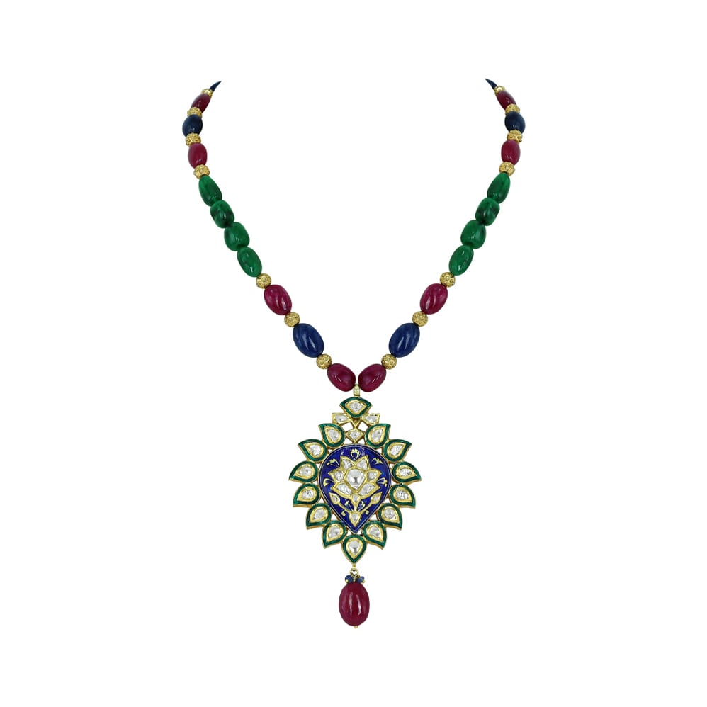 Gemstone Bead Necklace with Polki Meenakari Pendant and Ruby Drop
